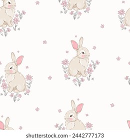 hand drawn Cute rabbits and flowers background vector seamless pattern 