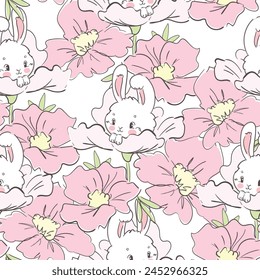 hand drawn Cute rabbits and flowers background vector seamless pattern 