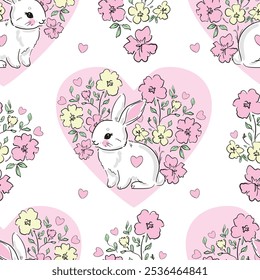 Hand Drawn Cute Rabbits and hearts Flower background vector seamless, Little Bunny pattern Kids print.