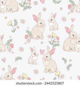 Hand Drawn Cute rabbits, mother and baby vector illustration, Mother day bunnys seamless pattern