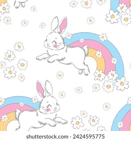 Hand Drawn Cute Rabbits and Rainbow and Flowers background vector seamless, Little Bunny pattern Kids print.