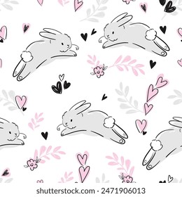 Hand Drawn Cute rabbits vector illustration, little bunnys seamless pattern