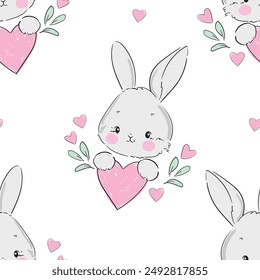 Hand Drawn Cute rabbits vector illustration, bunny and heart seamless pattern