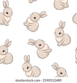 Hand Drawn Cute rabbits vector illustration, little bunnys seamless pattern