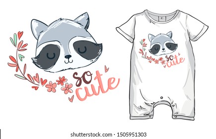 Hand Drawn cute raccoon Childish illustration. Print design baby romper. Vector.