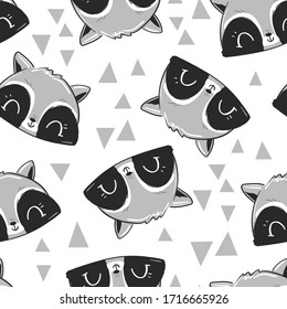 Hand drawn cute raccoon.  Children's print for fabric with animal cartoon. Vector illustration. Pattern seamless.