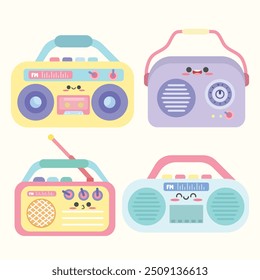 Elemento de rádio bonito desenhado à mão definido no estilo kawaii. Adequado para ilustração gráfica de design plano, cartazes, adesivos, cartões, etc