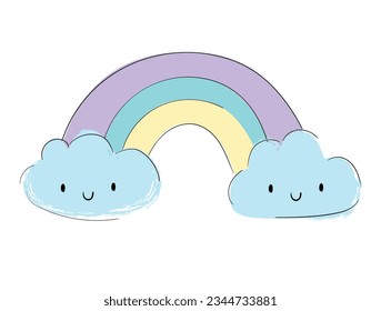 Hand drawn Cute Rainbow and clouds with a smile isolated on a white background, vector illustration