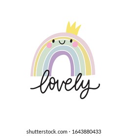 Hand drawn cute rainbow pattern.  Handwritten quote - Lovely. Rainbow print for baby textiles, fabrics and baby shower cards.