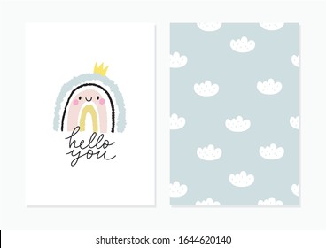 Hand drawn cute rainbow pattern.  Handwritten quote - Hello you. Rainbow print for baby textiles, fabrics and baby shower cards.