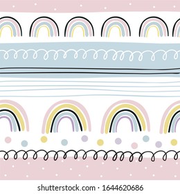 Trazado a mano adorable arcoiris sin fisuras. Impresión arcoiris para productos textiles para bebés, tejidos y tarjetas para bebés.