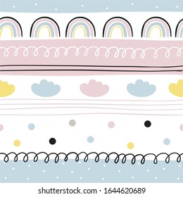 Hand drawn cute rainbow seamless pattern. Rainbow print for baby textiles, fabrics and baby shower cards.