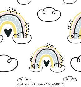 Trazado a mano adorable arcoiris sin fisuras. Impresión arcoiris para productos textiles para bebés, tejidos y tarjetas para bebés.