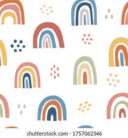 Hand drawn cute rainbow seamless pattern, modern shapes in doodle style. Vector illustration in flat cartoon style. 