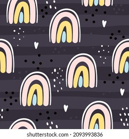 Hand drawn cute rainbow seamless pattern. Rainbow print for baby textiles, fabrics and baby shower cards.