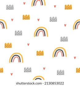 La mano dibujó un lindo patrón de arco iris sin costuras. Impresión arcoiris para tejidos para bebés, tejidos y tarjetas de ducha para bebés.