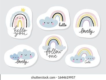 Hand drawn cute rainbow sticker.  Handwritten quote - You are loved. Rainbow print for baby textiles, fabrics and baby shower cards.