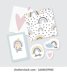 Hand drawn cute rainbow sticker.  Handwritten quote - You are loved. Rainbow print for baby textiles, fabrics and baby shower cards.