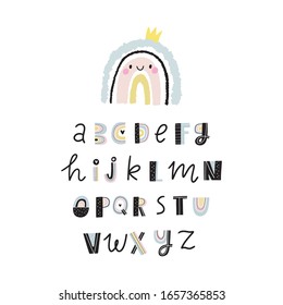 Hand drawn cute rainbow type.  Handwritten rainbow alphabet in scandinavian style . Rainbow print for baby textiles, fabrics and baby shower cards.