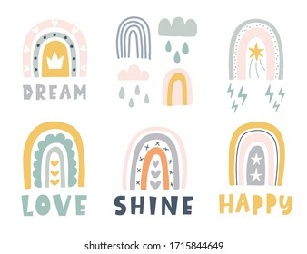 Hand drawn cute rainbows doodles set, isolated on white, decorative scandinavian style print for nursery, kids apparel, sticker label, creative fun t shirt design. Vector illustration