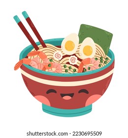 Hand drawn cute ramen noodle in the bowl with shrimps illustration design vector