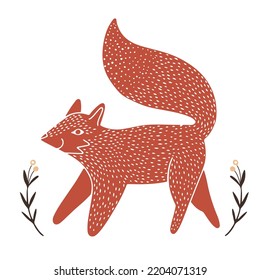 Hand drawn cute red fox in linocut style technique, textured silhouette vector illustration