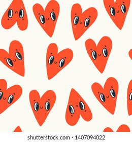 Hand drawn cute red hearts with faces. Vector seamless pattern. Colored trendy illustration for kids. Cartoon style. Flat design. Children's drawings style