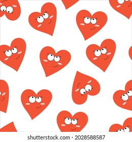 Hand drawn cute red hearts with funny faces. Vector seamless pattern hearts with faces emotions. Colorful characters. Hand drawn trendy Vector illustration for kids. Happy Valentine's day.