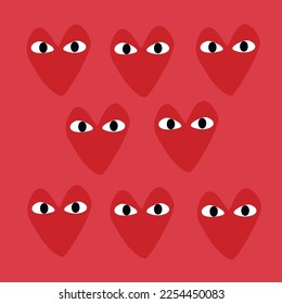 La mano dibujó corazones rojos adorables con caras. Patrón veloz. Ilustración de moda de colores para los niños. Estilo de caricatura. Diseño plano. Estilo de los dibujos para niños
