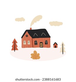 Hand drawn cute red house and trees, vector flat illustration. Colorful cozy building with smoke from the chimney. Cottage surrounded by autumn plants.