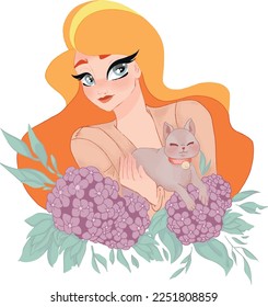 Hand drawn cute redhead girl surrounded by purple flowers holding a cat in her arms