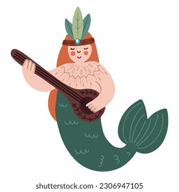 Hand drawn cute redhead mermaid playing on musical instrument, isolated vector illustration with folk motives in flat style