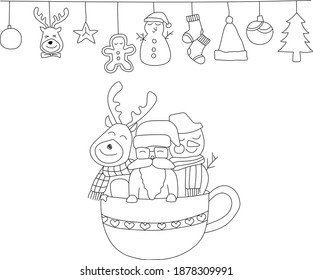 Hand drawn cute reindeer, santa claus, and snowman in lovey cup under Christmas object decoration on white background. Vector illustration in doodle art style