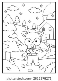 Hand Drawn Cute Reindeer Winter Coloring Page in Snowy Forest with Cozy Cottage and Snow Globe