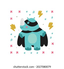 Hand drawn cute rhino with elements. Kids vector hand drawn iilustration 