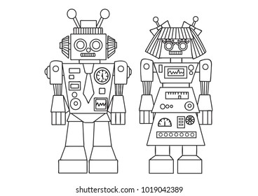Hand drawn cute robot couple for design element and coloring book page for both kids and adults. Vector illustration