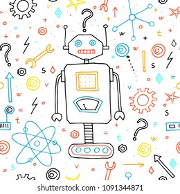 Hand drawn cute robot. Seamless pattern. Doodle. Vector illustration. 