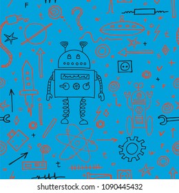 Hand drawn cute robots. Seamless pattern. Vector illustration. 