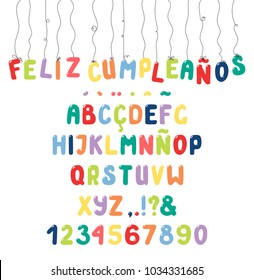 Hand drawn cute roman alphabet with numbers, punctuation marks, diacritics for Spanish, Italian, Portuguese, French. Make your own lettering. Isolated letters on white background. Vector illustration.