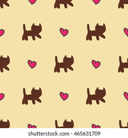 Hand drawn cute romantic cats and hearts vector seamless pattern over beige background