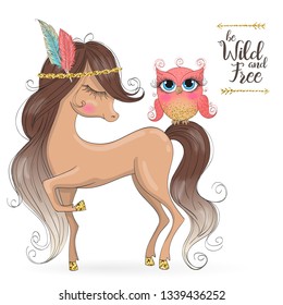 Hand drawn cute, romantic, dreaming, wild tribal horse fawn with little owl. Vector illustration.