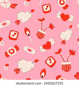 Hand drawn cute romantic elements to Valentine's Day. Modern seamless pattern with pink background. Candy, vase with flower, match, heart with arrow and wings, wedding ring, photo, love patch.