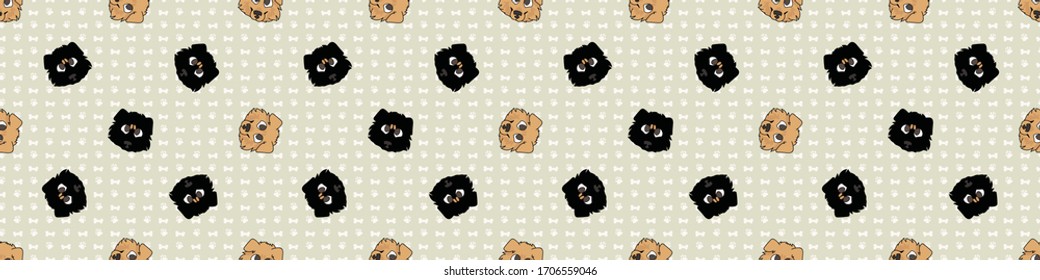 Hand drawn cute rough collie puppy face breed seamless border pattern. Purebred pedigree domestic dog background. Dog lover fluffy pet washi ribbon. Kennel pooch EPS 10. 