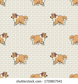 Hand drawn cute rough collie breed puppy with pink bow seamless vector pattern. Purebred pedigree domestic dog on paw background. Dog lover sheepdog pet all over print. Kennel pooch. EPS 10. 