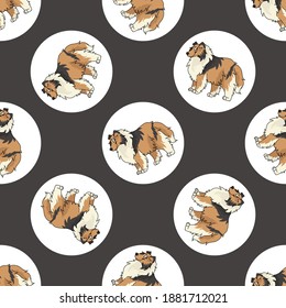 Hand drawn cute Rough Collie dog breed in polka dot seamless vector pattern. Purebread pedigree puppy domestic on dotty background. Dog lover toy dog all over print. Kennel club pooch. 