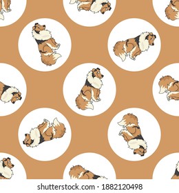 Hand drawn cute Rough Collie dog breed in polka dot seamless vector pattern. Purebread pedigree puppy domestic on dotty background. Dog lover toy dog all over print. Kennel club pooch. 