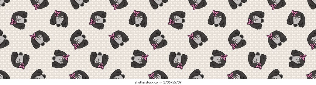 Hand drawn cute saluki dog face with pink bow seamless vector border. Purebred pedigree domestic dog on paw background. Dog lover pet all over print. Kennel pooch. EPS 10. 