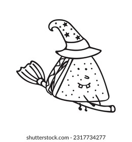 Hand drawn cute sandwich dressed as a witch rides a flying broom by wordspotrayal