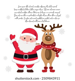 Hand drawn Cute Santa Claus and reindeer waving and hugging Christmas greeting, invitation with new year holidays 