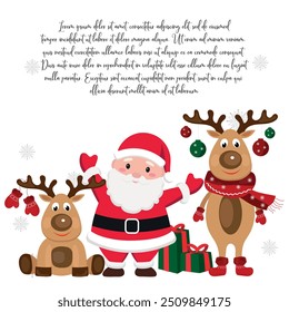 Hand drawn Cute Santa Claus and reindeers best friends with gifts around Christmas greeting, invitation with new year holidays 